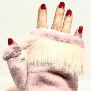 FINGERLESS GLOVES 100% SUEDE LEATHER PINK FAUX FUR TRIMMED GLOVES CORSET FUNKY